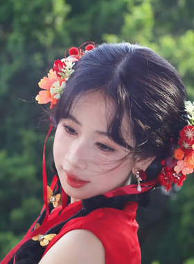 红色国潮风复古花朵发夹仿真花森系甜美减龄新娘配饰