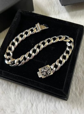 新款做旧泰银经典时尚手环十字花光板复古潮牌情侣手链生日礼物