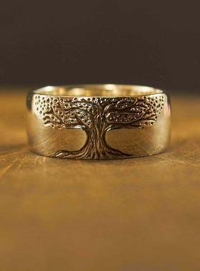 欧美新款复古简约雕刻生命之树个性百搭开口戒指世界之树男女做旧