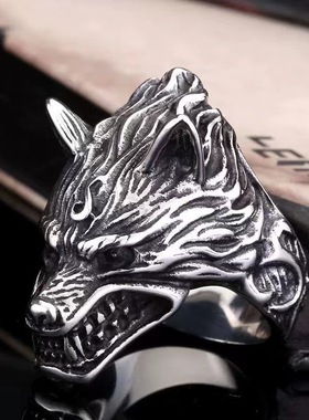 新款复古欧美攻击状态立体狼头戒指做旧重型嘻哈街边潮男开口指环