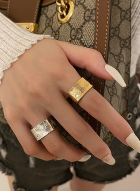 欧美复古方形不规则指纹纹理感戒指黄铜金属质感男女通用开口指环