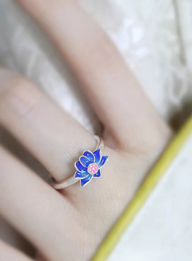 复古国潮滴胶珐琅彩蓝莲花戒指女民族风花卉烧蓝个性文艺开口指环