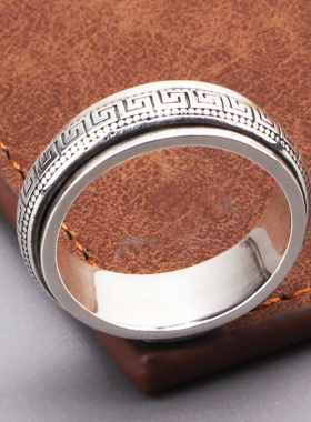 s925纯银饰六字真言回纹戒指复古简约个性男女潮人转动指环情侣款