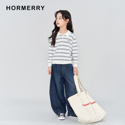 赫米童装2025秋冬新款儿童宽松大廓形弯刀牛仔裤中大童镰刀裤长裤 - 图0