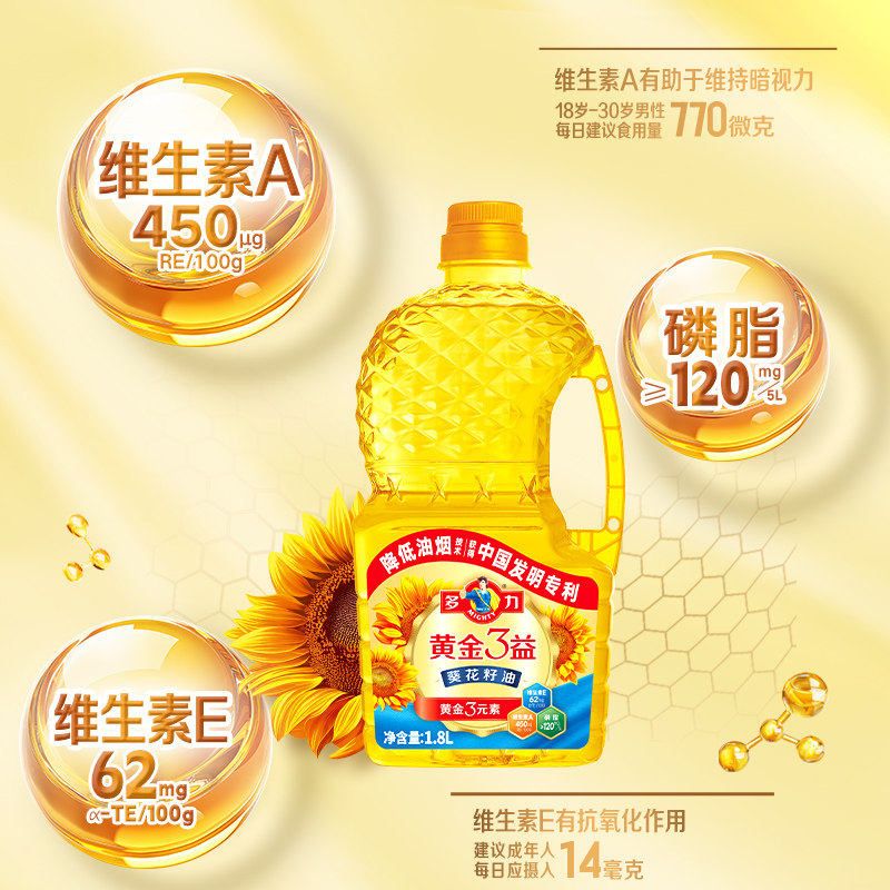 【官方旗舰店】多力黄金3益葵花籽油1.8L 家用食用油,淘宝优惠券,粉丝福利购,淘宝优惠卷