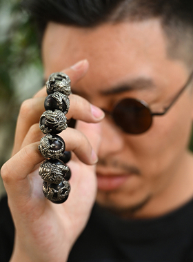 三省六部小叶紫檀中国风银饰手串