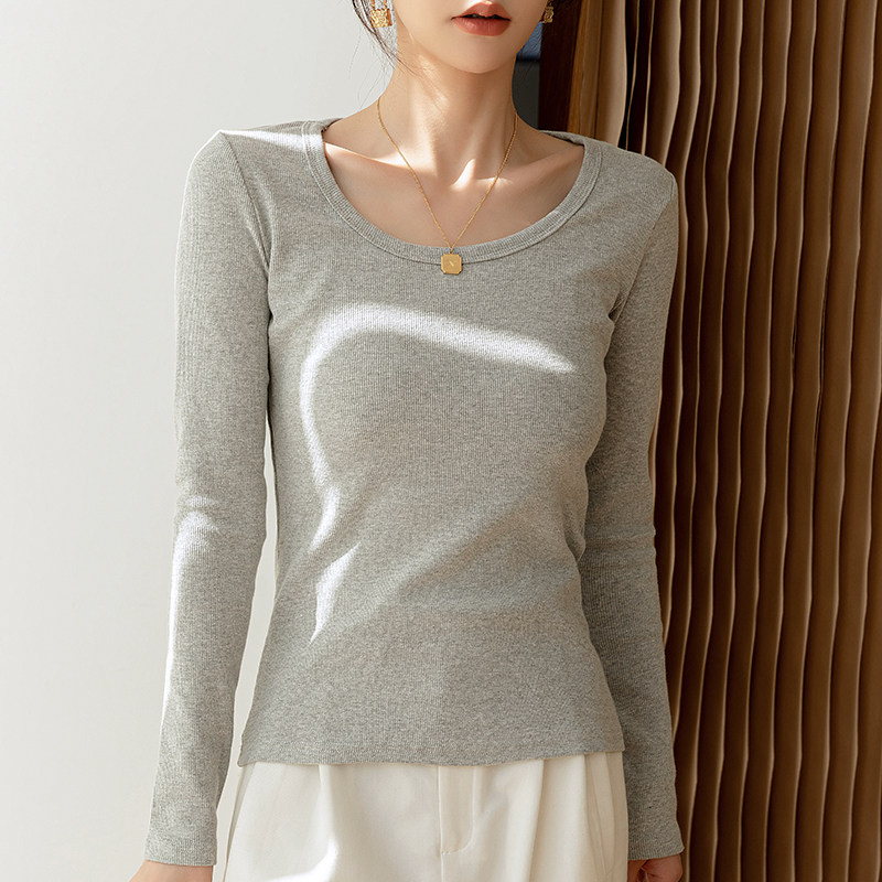 纯棉U领长袖打底衫女基础款春秋薄款紧身修身显瘦内搭洋气T恤上衣,淘宝优惠券,粉丝福利购,淘宝优惠卷