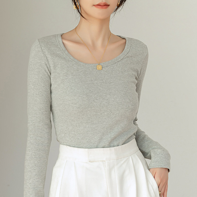 纯棉U领长袖打底衫女基础款春秋薄款紧身修身显瘦内搭洋气T恤上衣,淘宝优惠券,粉丝福利购,淘宝优惠卷