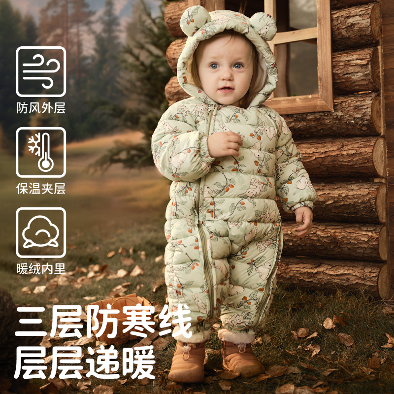 欧孕婴儿棉服宝宝秋冬衣服保暖外出服加厚连体衣夹棉冬装哈衣爬服