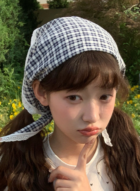 法式蕾丝边三角头巾女夏季包头格子田园风三角巾海边旅拍款发带潮