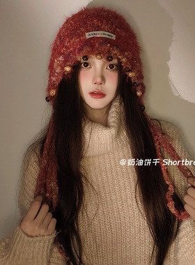 韩国进口针织帽子2026新款女手工毛线帽流苏花瓣保暖包头帽绑带潮