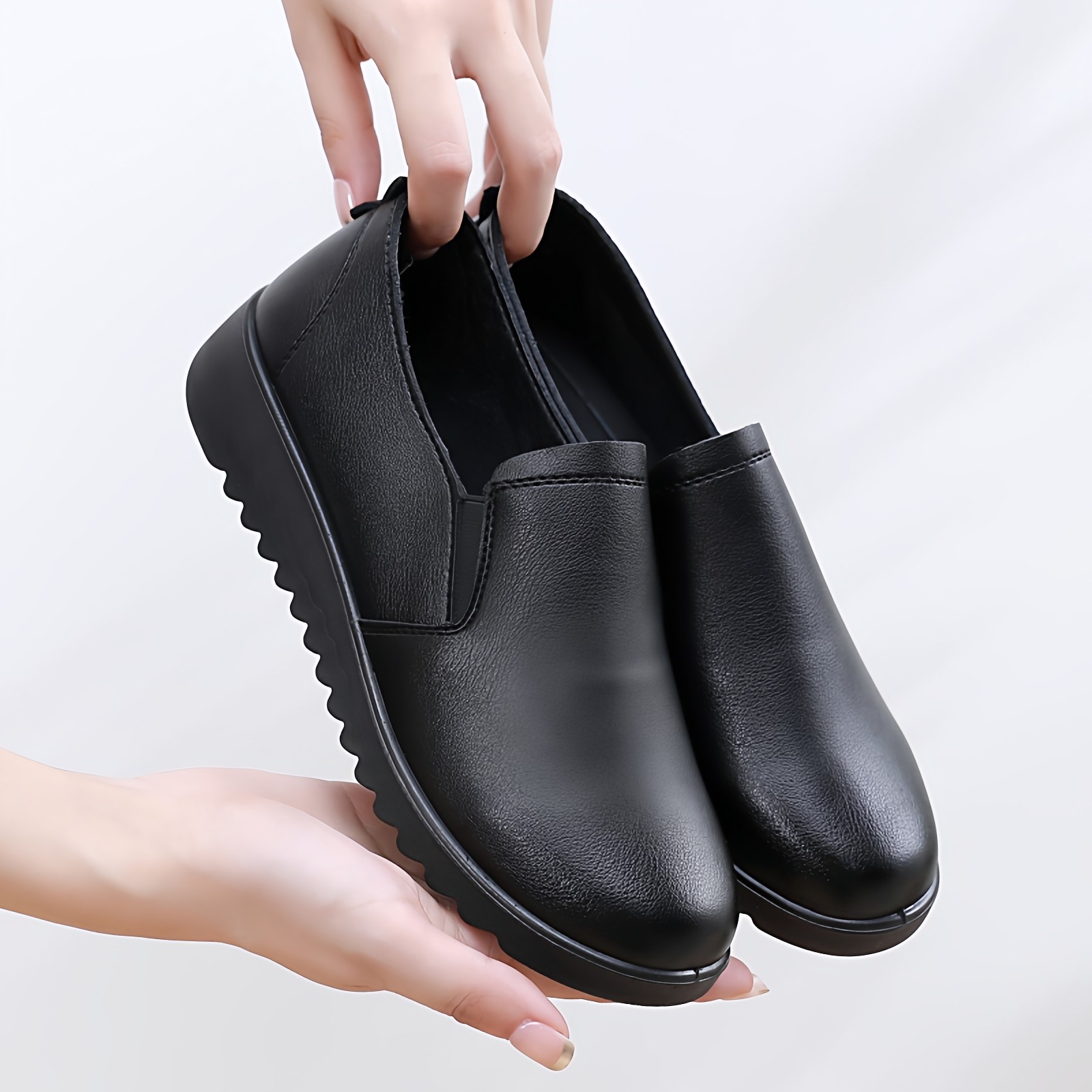 春秋黑色深口单鞋女平底套脚防滑妈妈鞋餐厅饭店通勤大码加绒皮鞋,淘宝优惠券,粉丝福利购,淘宝优惠卷