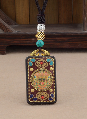 新中式国风唐装复古五路财神黑檀木佛牌男女吊坠毛衣链高级感挂绳