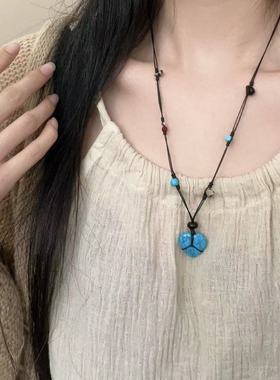 民族风绿松石爱心吊坠项链女古风串珠个性简约百搭毛衣链配饰挂件