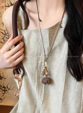 新中式国风长款橡果吊坠项链女复古民族风唐装汉服毛衣配饰高级感