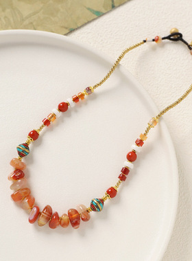 新中式国风旗袍串珠珍珠天然石锁骨链毛衣链绿松石玛瑙项链女配饰