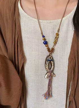 新中式陶瓷小鱼项链女民族风锁骨链百搭毛衣挂件国风唐装棉麻配饰