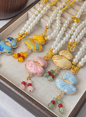 新中式国风串珠珍珠轻奢高级感旗袍女宋锦葫芦吊坠项链毛衣链配饰