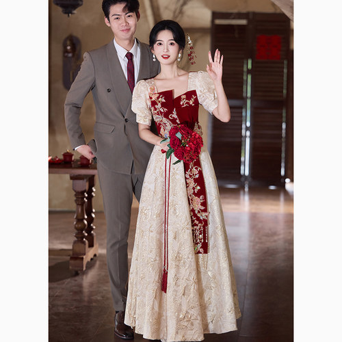 中式敬酒服新娘2025新款秋季订婚礼服裙大码胖mm显瘦回门服酒红色 - 图1