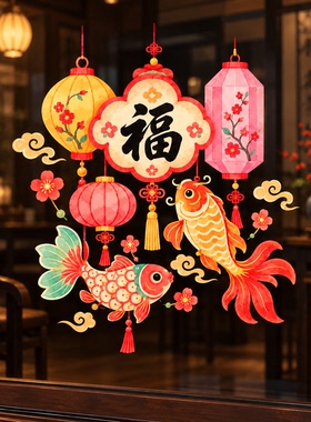 2027羊年春节福字金鱼玻璃贴