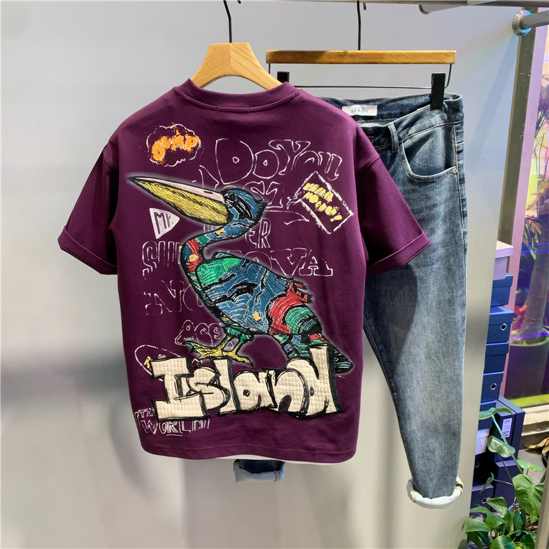 2024潮牌设计感鹈鶘涂鸦短袖T恤男士时尚痞帅宽松半袖ins百搭上衣