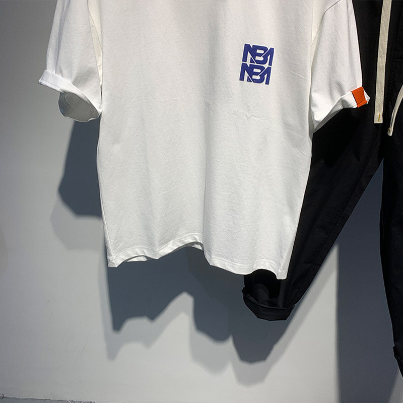 乔典夏季时尚阔版后背印花设计感短袖T恤男个性休闲拼料套头上衣