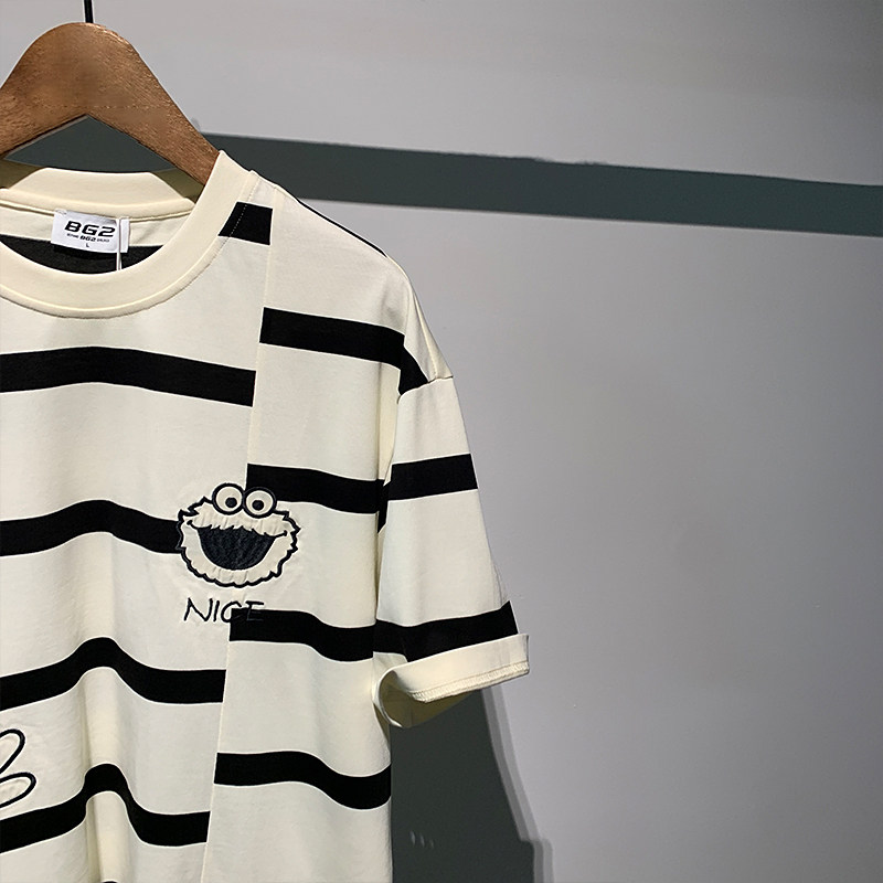 潮流条纹拼接百搭绣花设计个性体恤圆领上衣夏季男士宽松短袖T恤