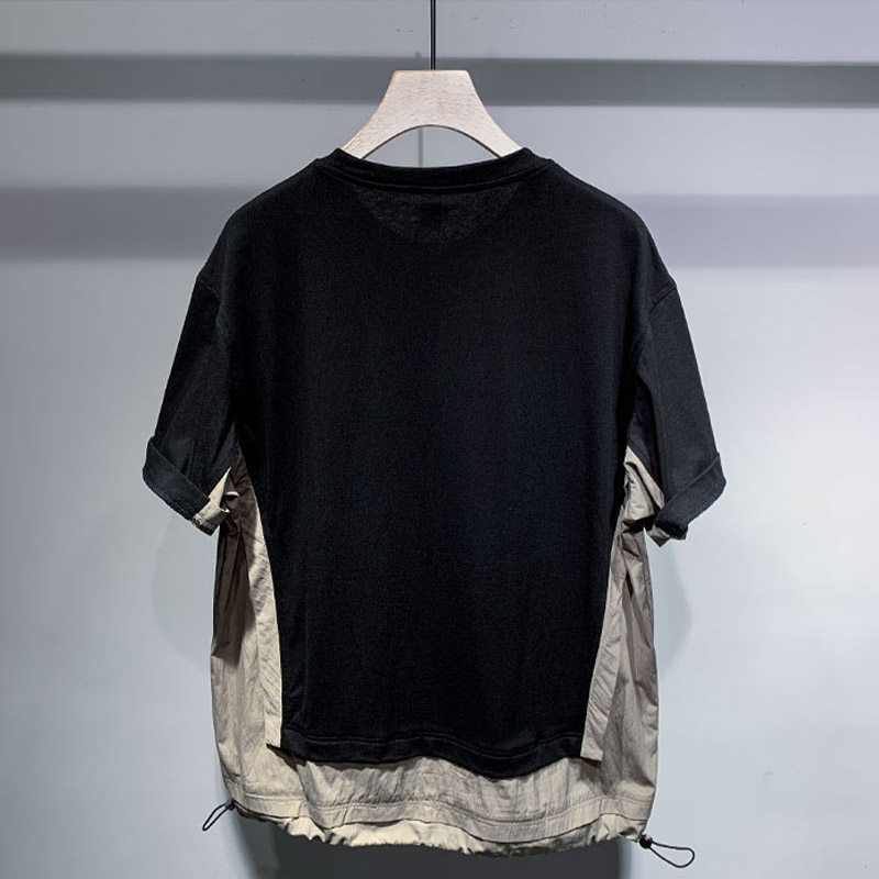 TELINLU日系设计师潮牌短袖t恤衫男梭织拼料撞色个性休闲体恤夏