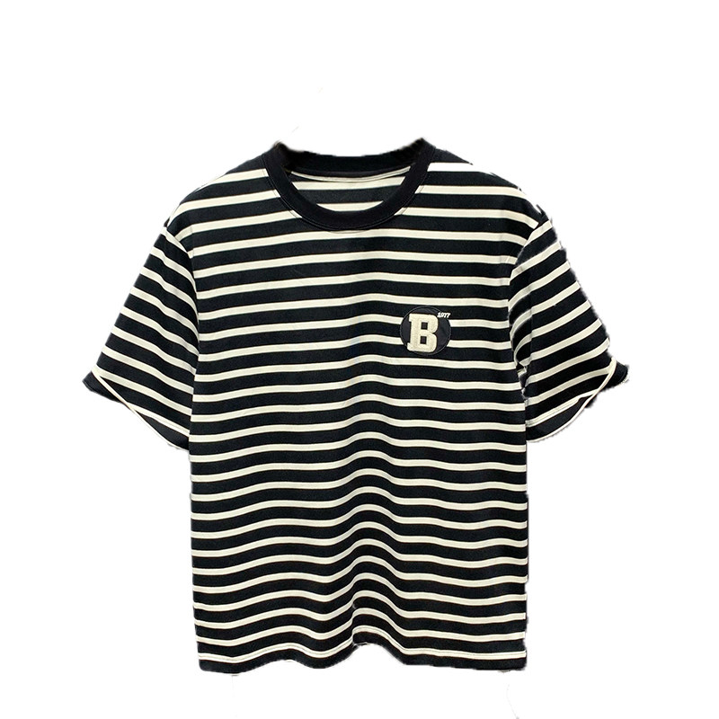 2024夏季新款ins潮牌百搭简约纯棉短袖t恤男宽松休闲流行条纹体恤