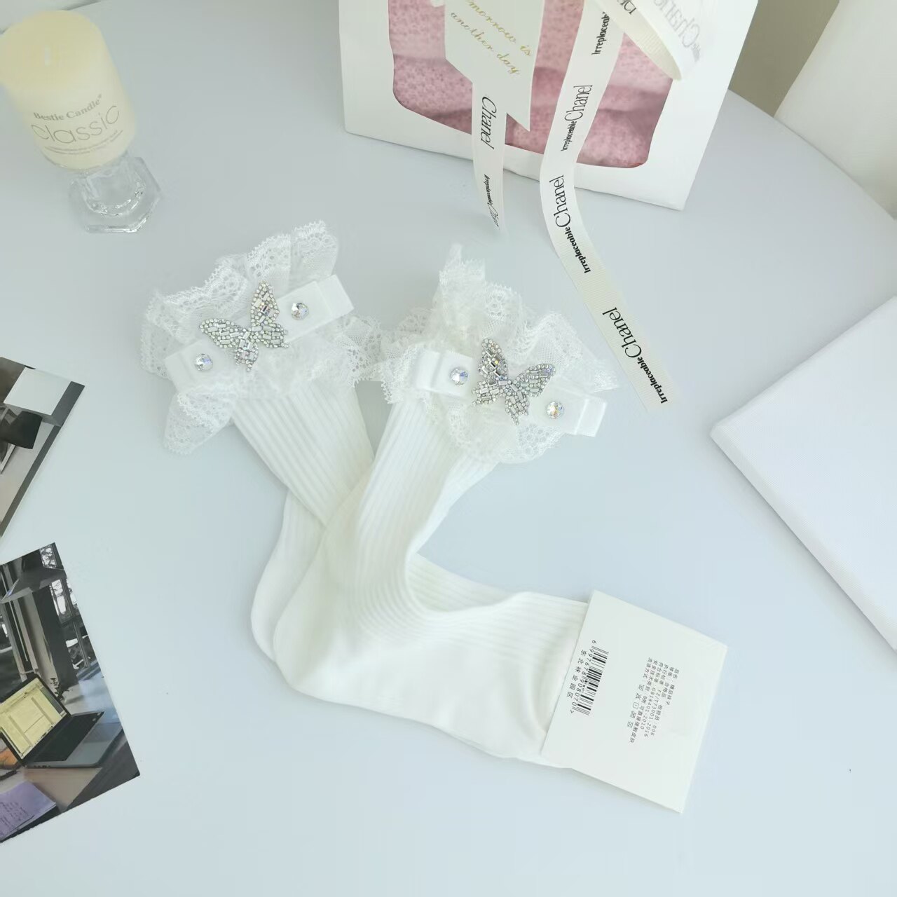 ins潮袜精品饰品袜新款蕾丝水钻轻奢潮袜女款蝴蝶结中筒袜子棉袜