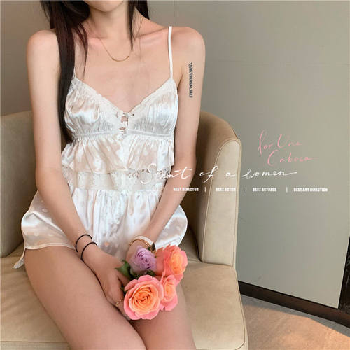 睡衣套装女纯欲风蕾丝吊带上衣夏季薄款短裤波点睡裤家居服两件套 - 图2