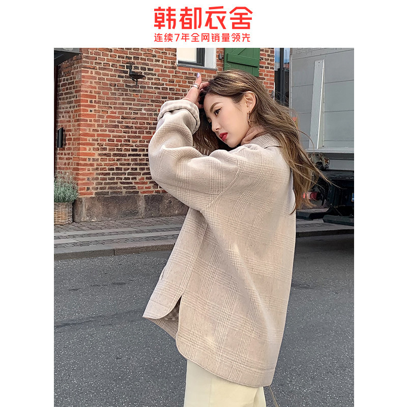 韩都衣舍2020秋季新款韩版格子短款 韩都衣舍秀衣莲毛呢外套