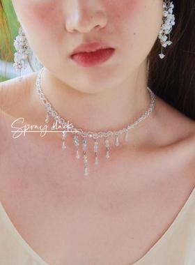 瀑布流星*小众仙仙设计感纯手工流苏水晶串珠项链气质水晶锁骨链