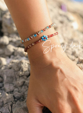 PomegranateIceTea石榴冰茶*天然石手工小花串珠套链组合两条手链