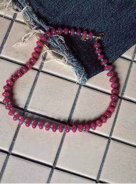 ins欧美复古玫红撞色春夏度假项链热情泡泡糖天然石串珠waki同款