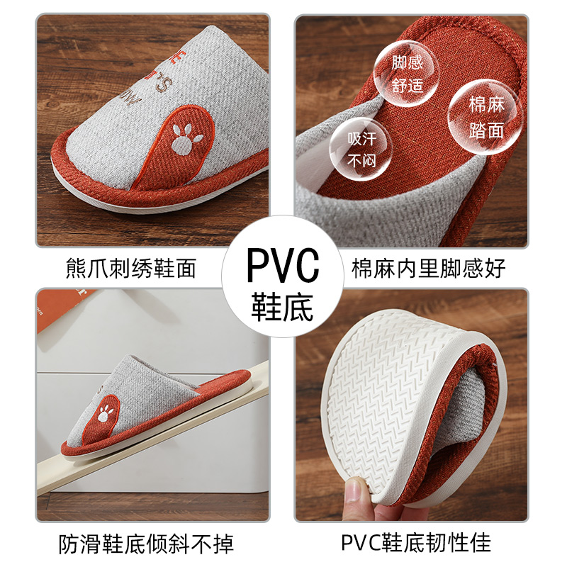 可爱卡通熊棉拖鞋女秋冬季室内家居家用情侣布拖鞋男大童防滑冬天 - 图2