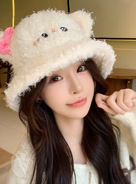 秋冬显脸小保暖猫咪渔夫帽女