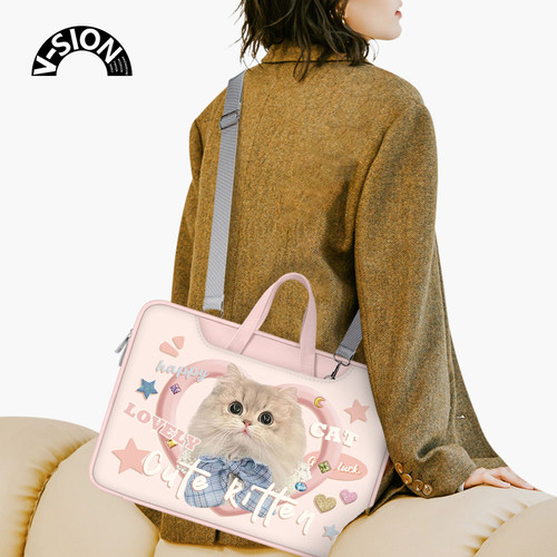 V-SION可爱猫咪笔记本电脑包手提适用苹果macbook15点6寸小新air13.3华为matebook联想女14内胆包pro保护套 - 图0