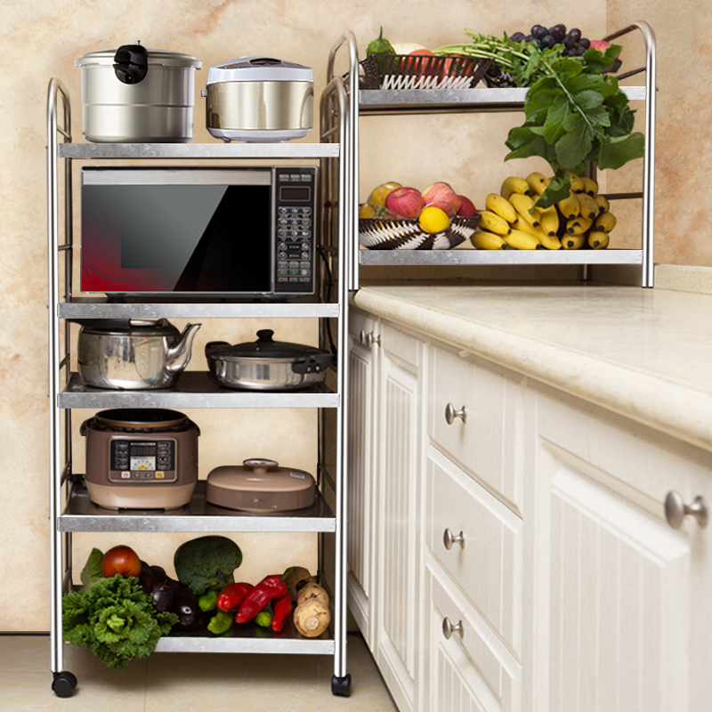 创步不锈钢厨房置物架落地多层微波炉烤箱收纳架储物用品锅碗架子