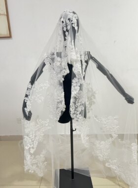 新款新娘重手工蕾丝头纱主纱超仙森系复古硬纱头纱摄影拍照头饰