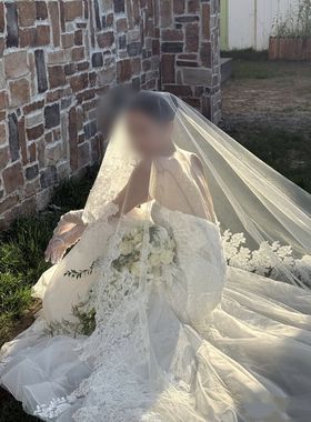 尊怡嫁衣新娘复古蕾丝高级感头纱拍照写真长款影楼摄影