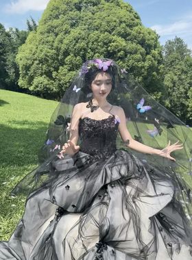 尊怡嫁衣新娘黑色头纱蝴蝶复古高级感头纱拍照写真长款影楼摄影
