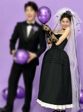 新款影楼主题森式黑色边长款头纱摄影写真拍照复古港风法式头纱