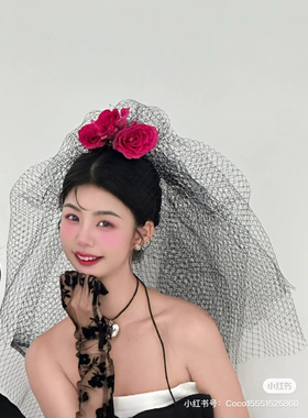 黑色网格头纱新娘森系造型复古蓬蓬纱头饰万圣节影楼写真黑纱道具