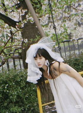 头纱领证登记头饰求婚蝴蝶结蕾丝花边蓬蓬纱结婚新娘花嫁拍照道具