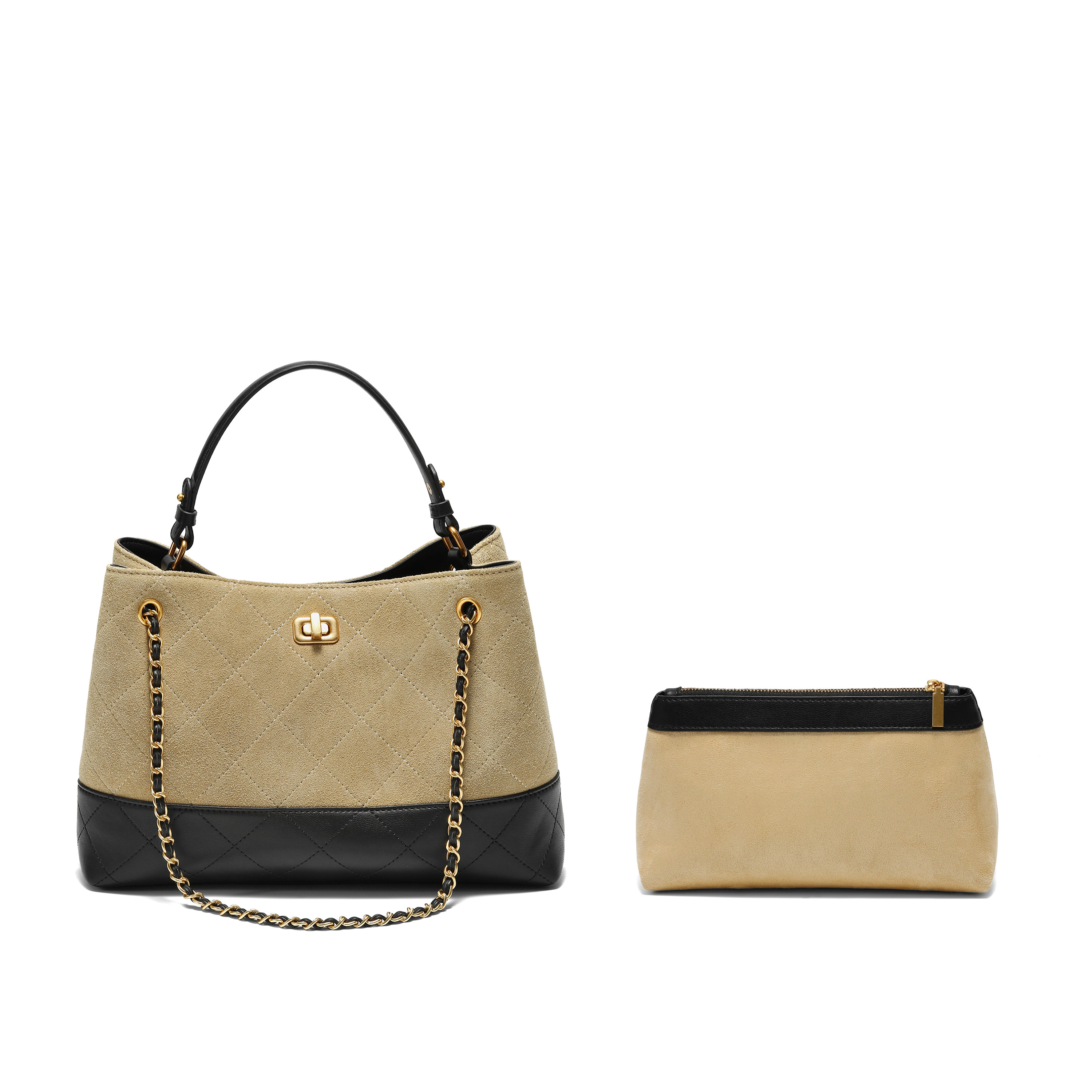 百丽包包女2025冬季新款反绒麂皮小香风撞色单肩托特包F3055DX5,淘宝优惠券,粉丝福利购,淘宝优惠卷