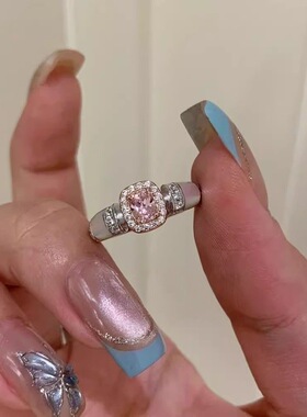 中古vintage粉色方糖锆石戒指女小众高级感食指戒名媛千金指环潮