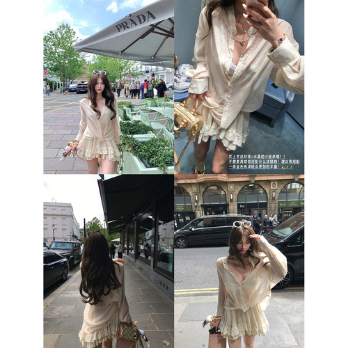 Xinlei Lin 微醺流光 珠光雪纺飘逸不规则衬衫不规则蕾丝半裙套装 - 图1