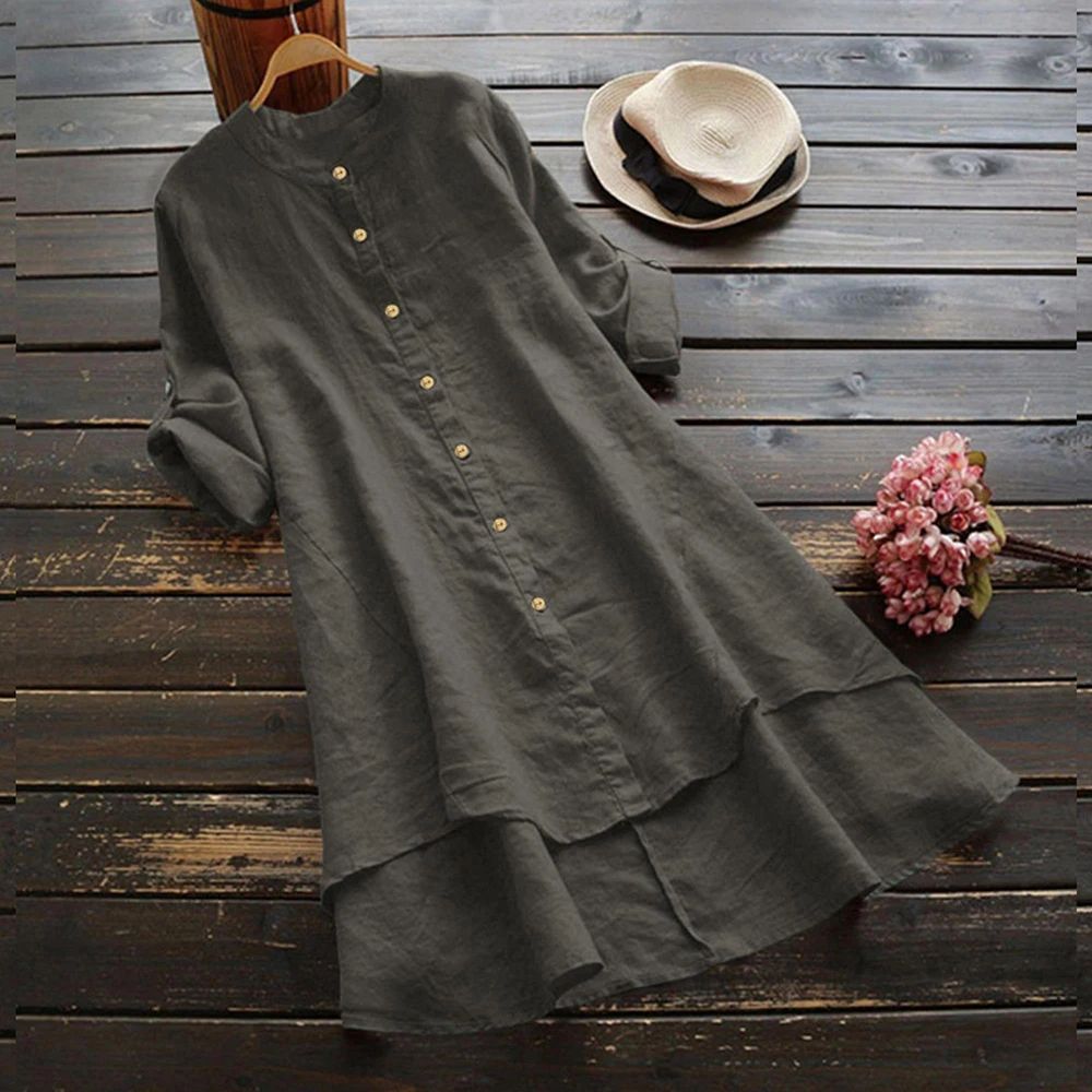 Women's Autumn O-Neck Cotton Linen Baggy T-Shirt Tops Clothe - 图3