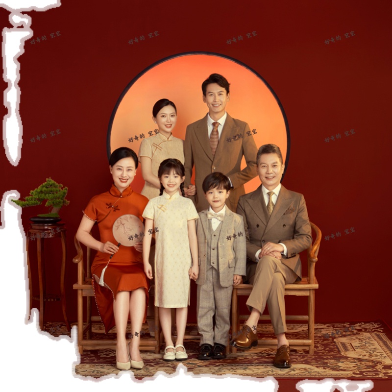 新款韩版全家福摄影服装影楼主题一家六口拍照复古中式亲子装礼服-图3